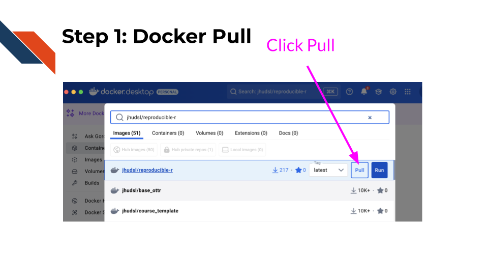 pulling an image using the search for Docker Descktop
