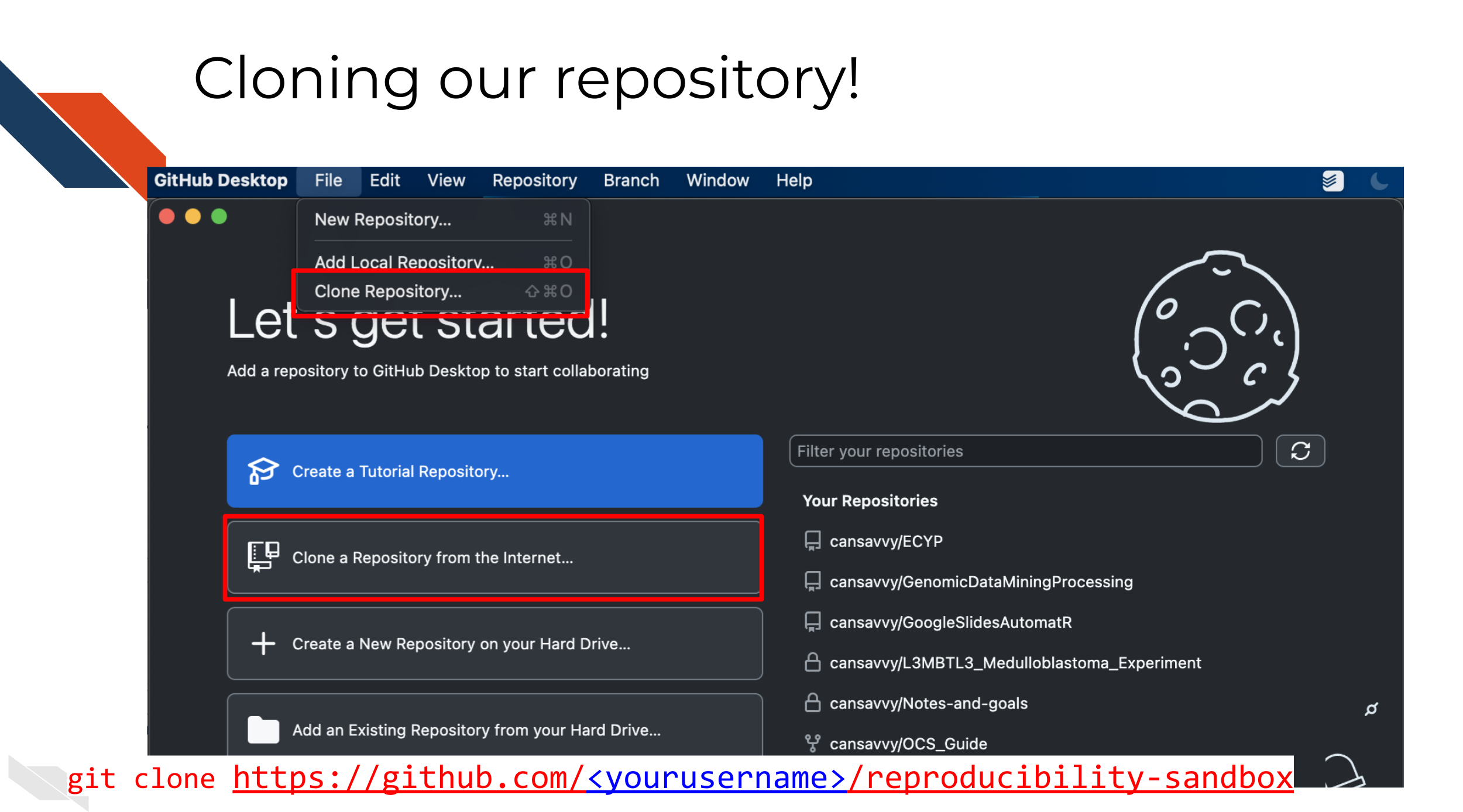 the menu buttons to clone a repository in GitHub Desktop, as well as the link that should be used- the link of the repository you just created from copying the template