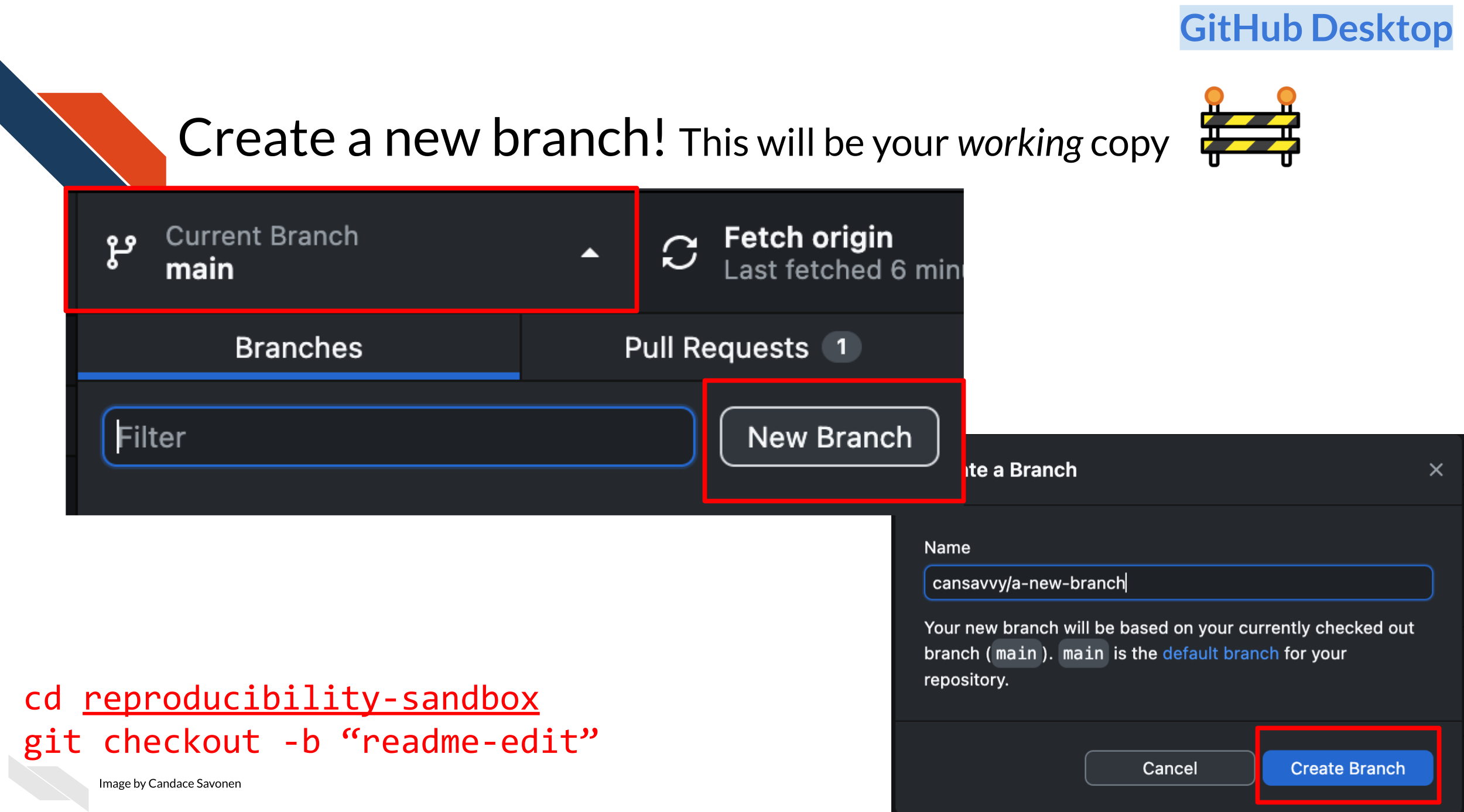 A screenshot of creating a new branch in GitHub Desktop