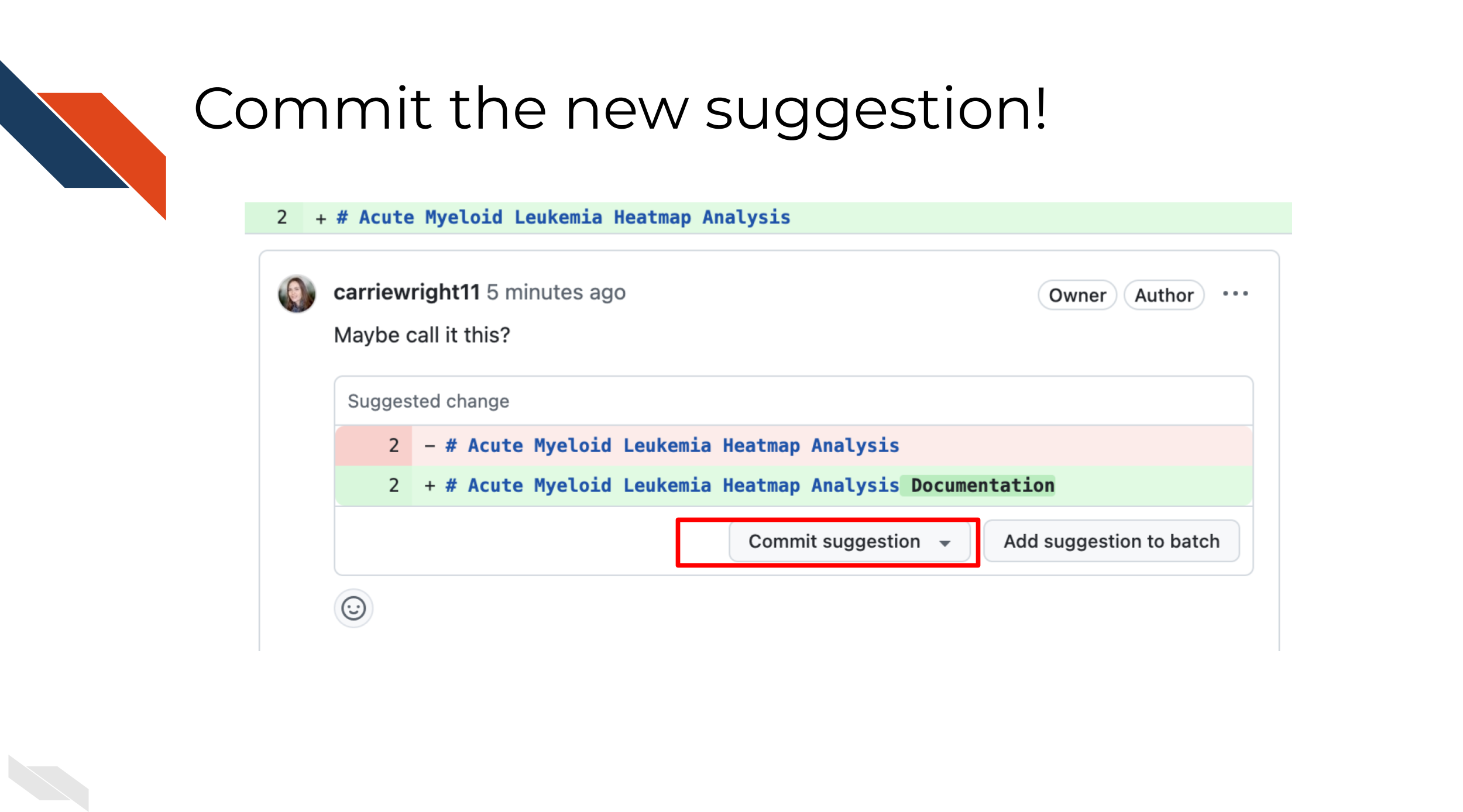 The commit changes button for a suggestion