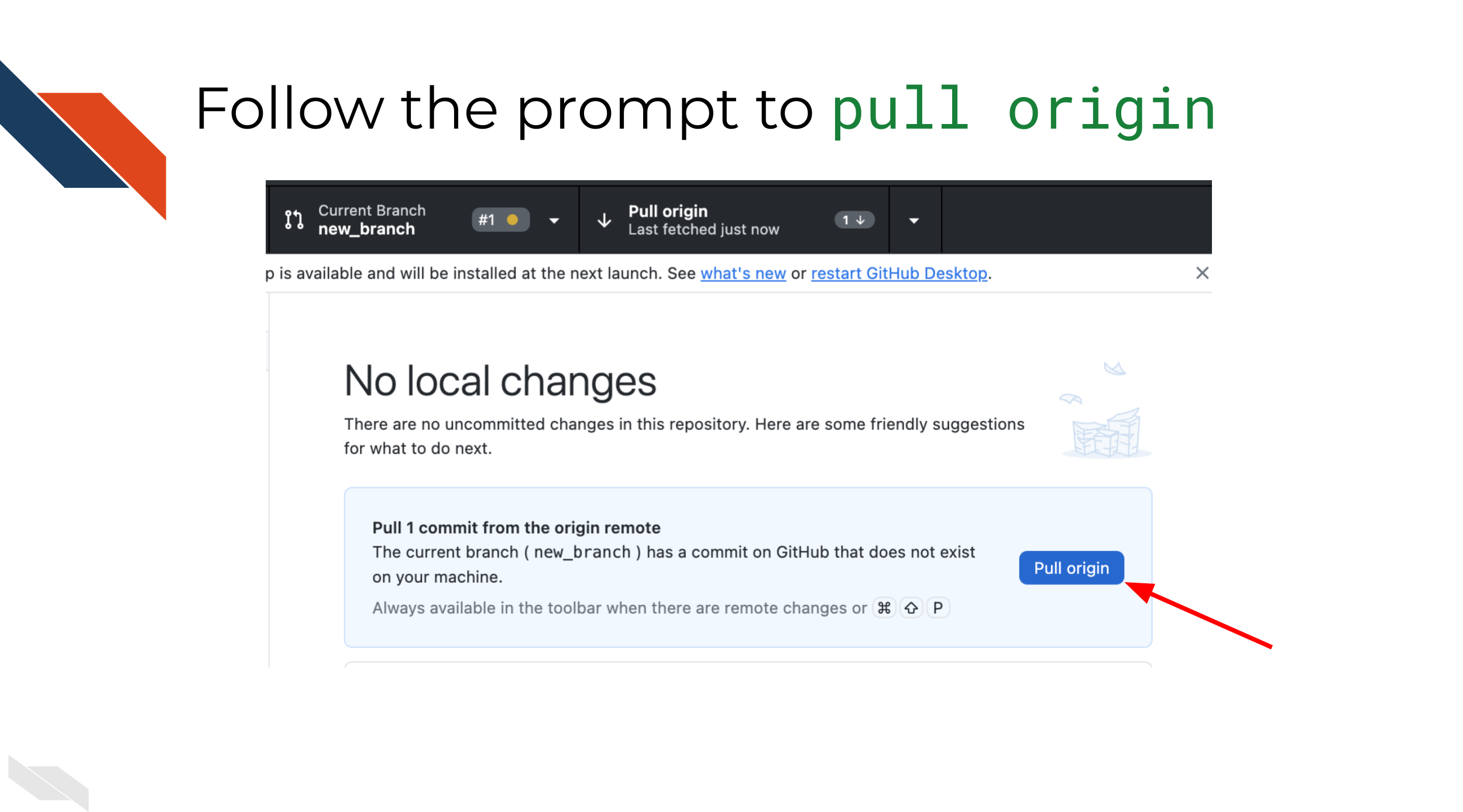 The pull orgin button in GitHub Desktop
