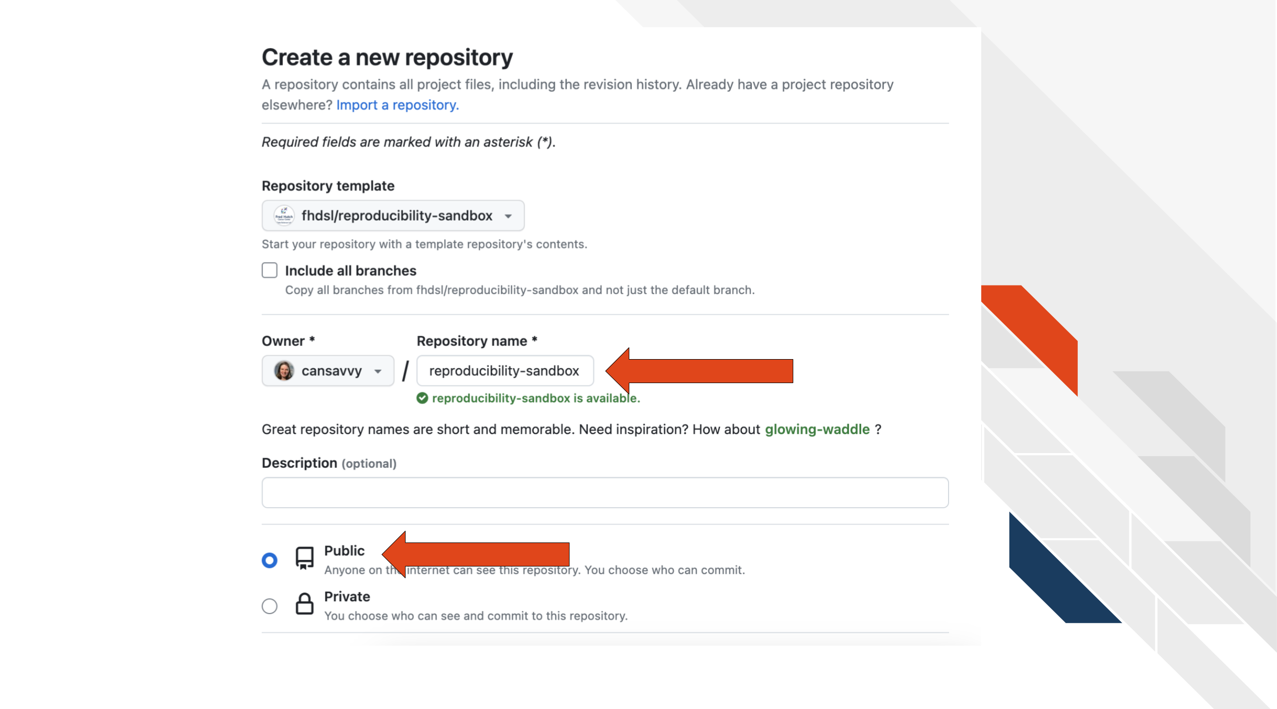 screenshot of setting up the respository by naming it and setting it to public