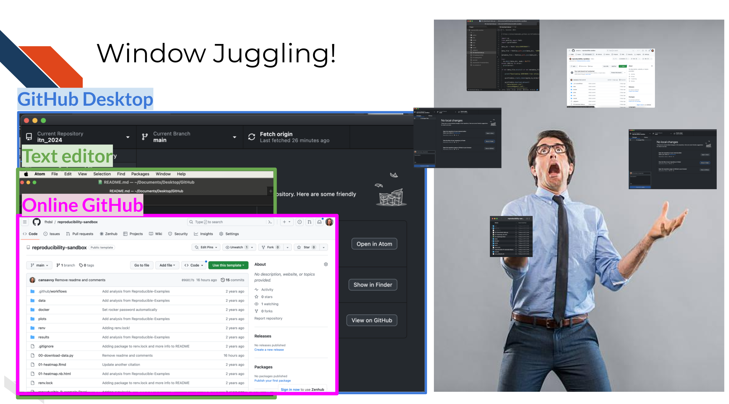 A man juggling and a screenshot of the 3 locations we are working in