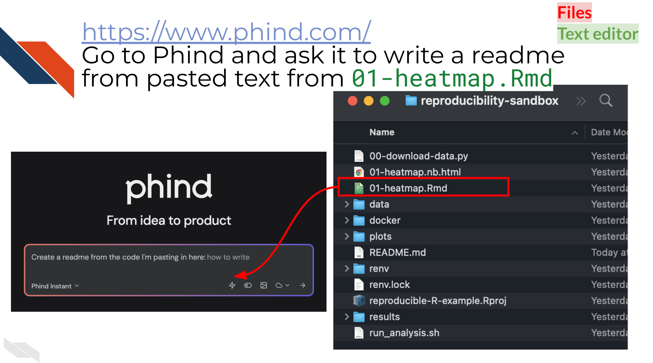 image of copying the contents of the 01-heatmap.Rmd file and pasting in Phind to ask for a README file