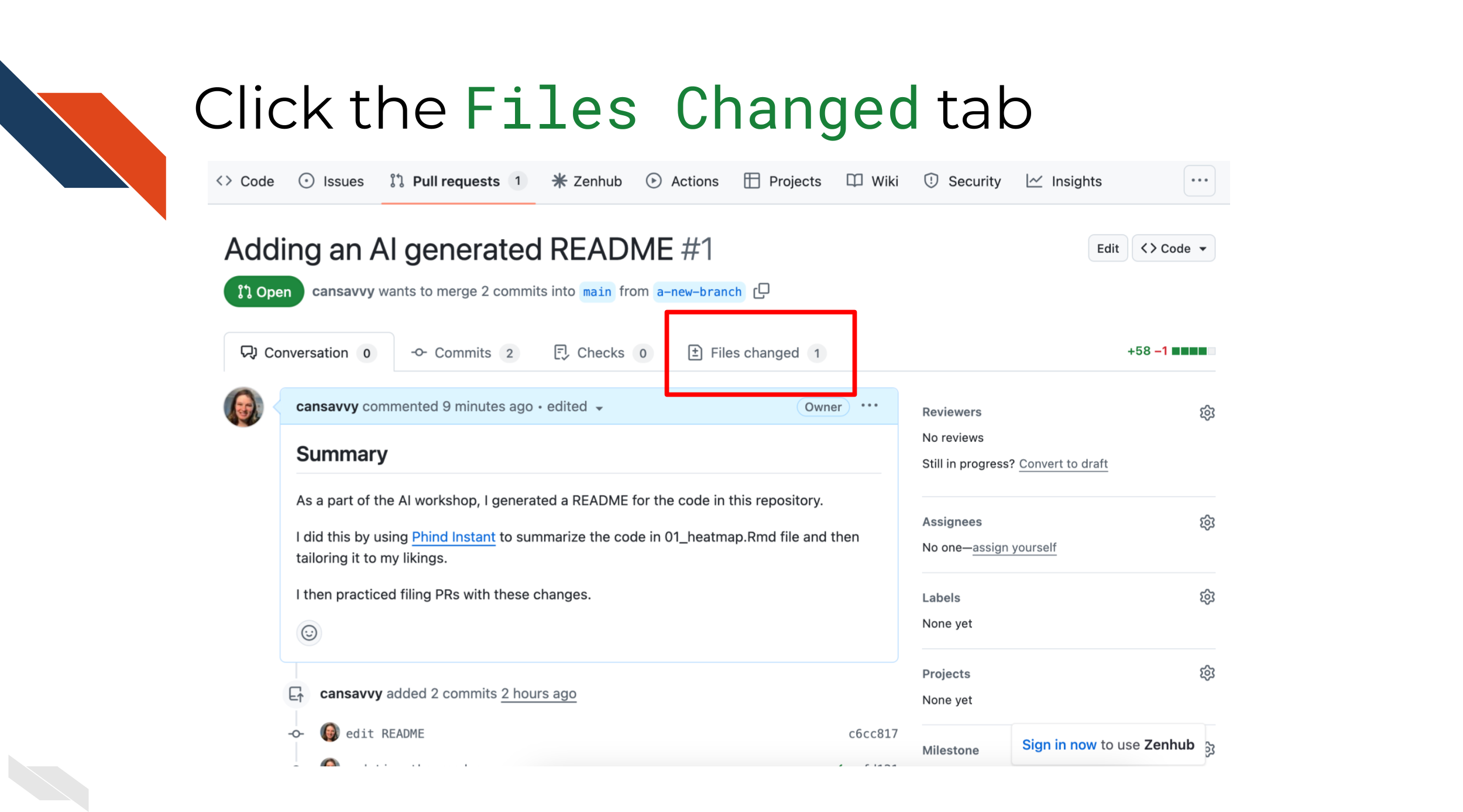 Pull Requests on GitHub.com, the files changed ta