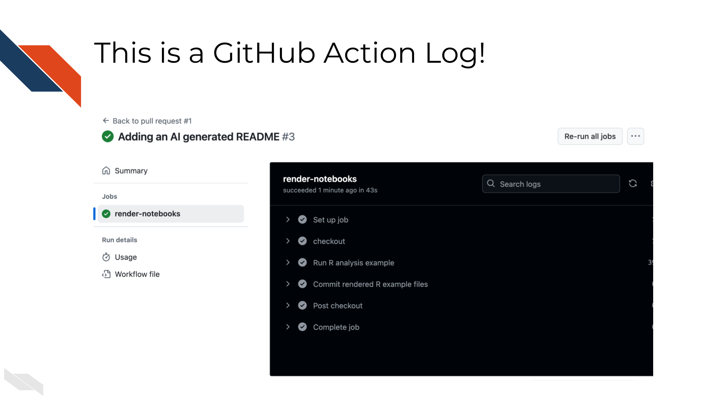 Example of a GitHub action log which shows various steps and a green check mark for succesfully run actions