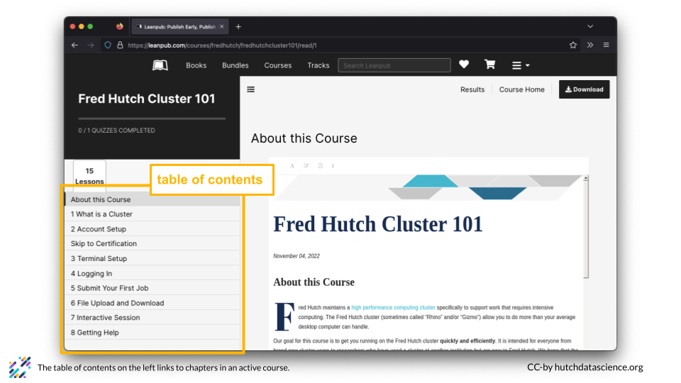 Leanpub course homepage with table of contents highlighted.