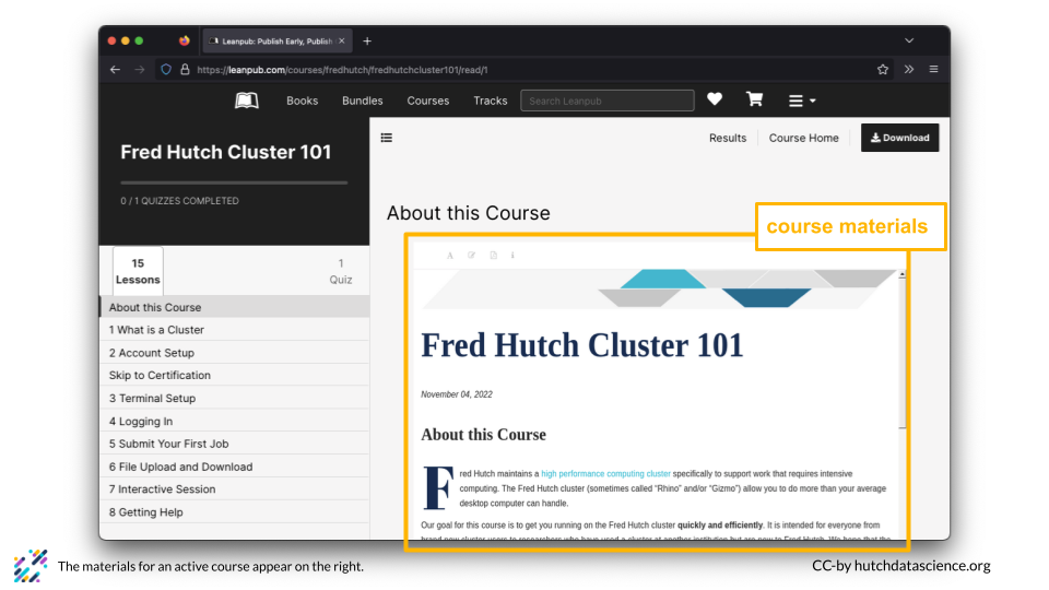 Leanpub course homepage with course materials highlighted.