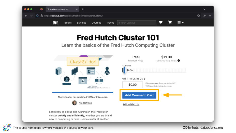 The button is highlighted on the Cluster 101 course landing page.