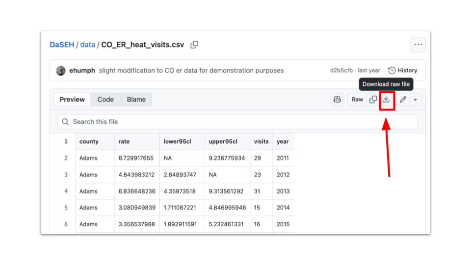 Visual showing the download raw file button on github for one of the data files