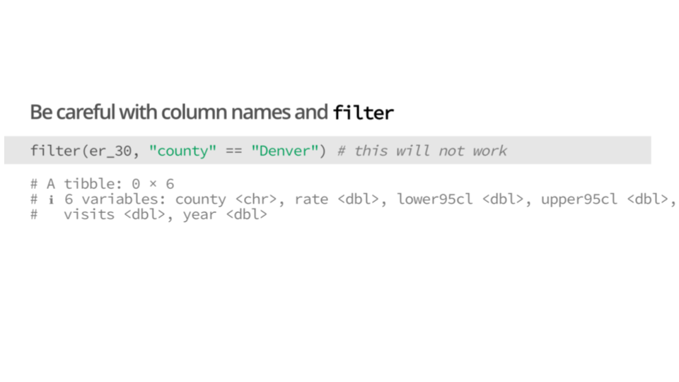 image of a slide showing how using quotes around column names in filter can have unexpected results