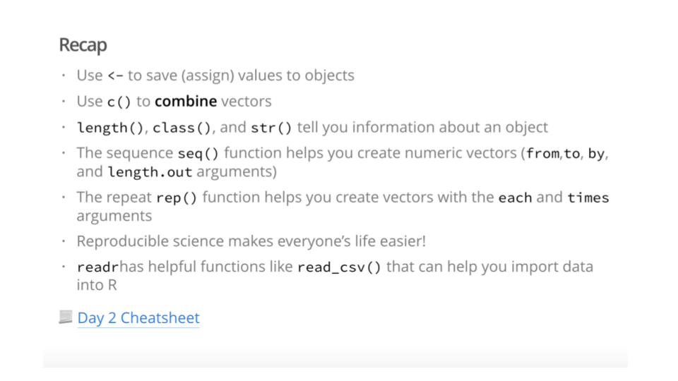 An example of a recap slide which shows previous functions, syntax, and general principles or practices