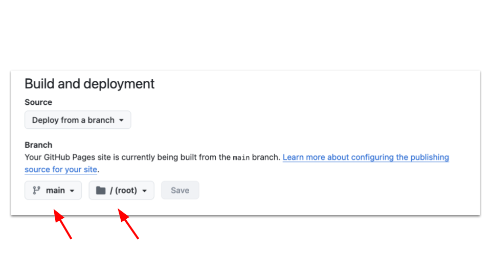 image of the configuration for the main branch and the root folder for the github website