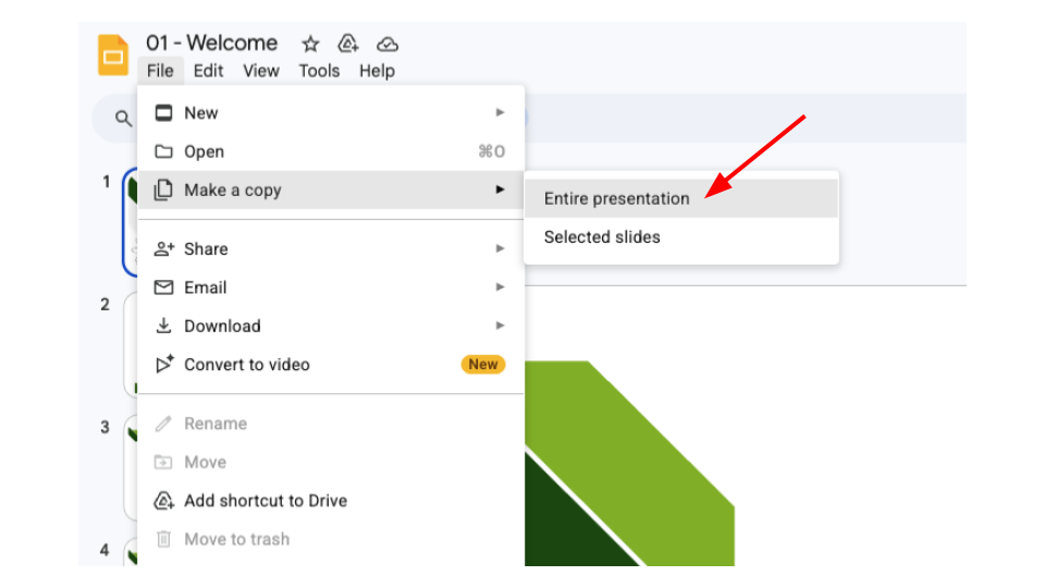 image of a view only Google Slides link, where the File to Make a copy dropdown is selected