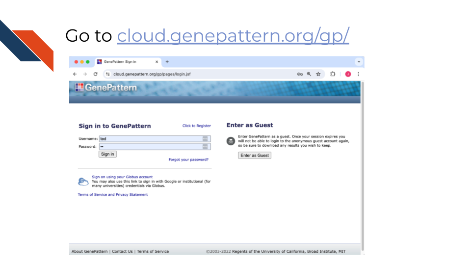 Go to h t t p colon forward slash forward slash cloud dot gene pattern dot org forward slash g p forward slash