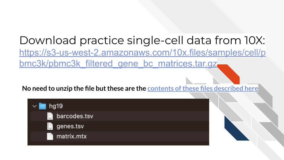 Use this link to download practice 10x single cell data. No need to unzip it