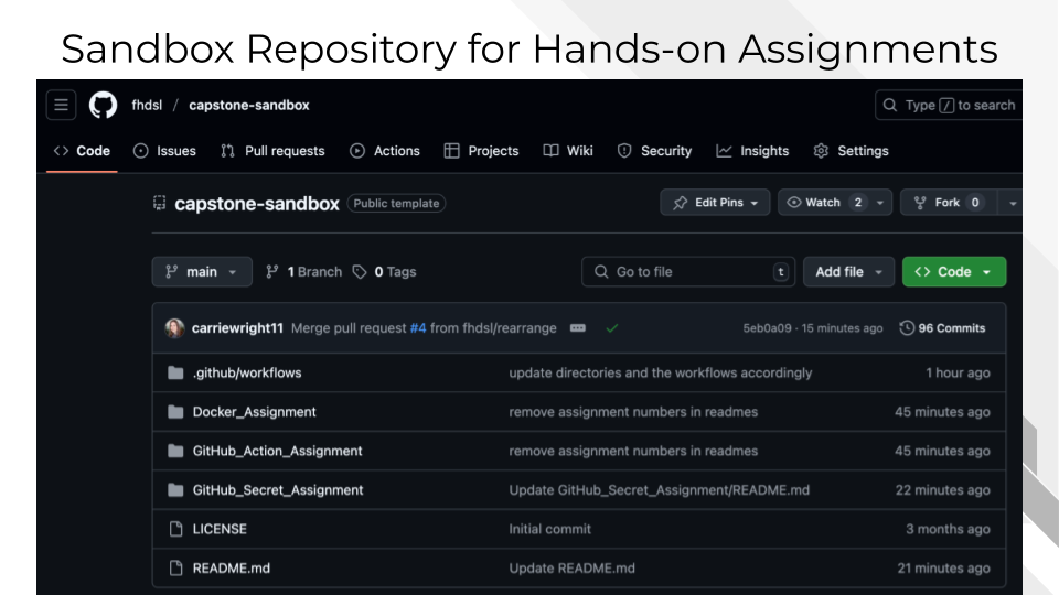 This course has a companion github repository template that provides a sandbox environment for learners to use to complete the hands-on assignments.
